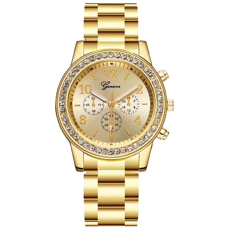 Fashion Geneva Style Rhinestone Stainless Steel Quartz Women Watch.