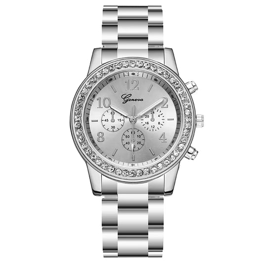 Fashion Geneva Style Rhinestone Stainless Steel Quartz Women Watch.