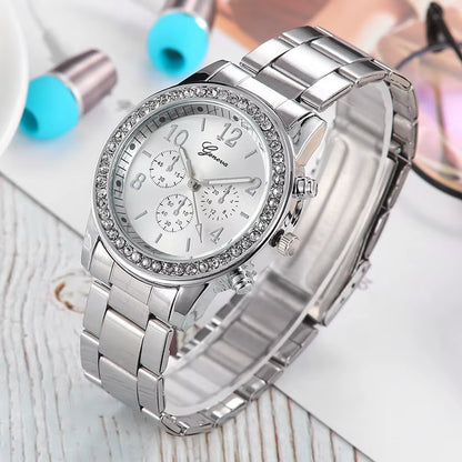 Fashion Geneva Style Rhinestone Stainless Steel Quartz Women Watch.