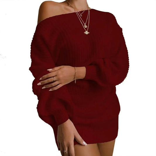 Womens Dresses Spring Fashion Cold Shoulder Lantern Sleeve Casual Plain Long Sleeve Daily Mini Knit Sweater Dress Woman Clothing.