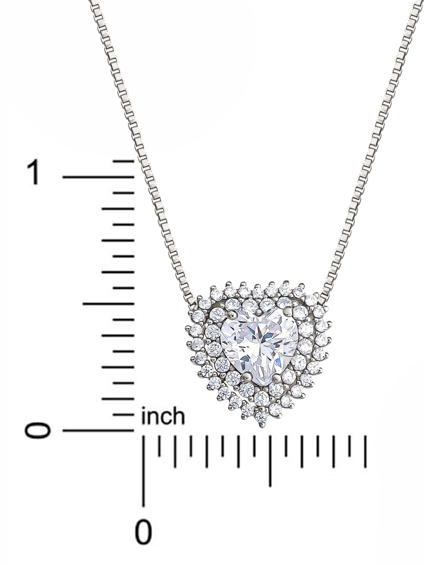 Women'S Fine Silver Plated Cubic Zirconia Heart Necklace, 18" +2".