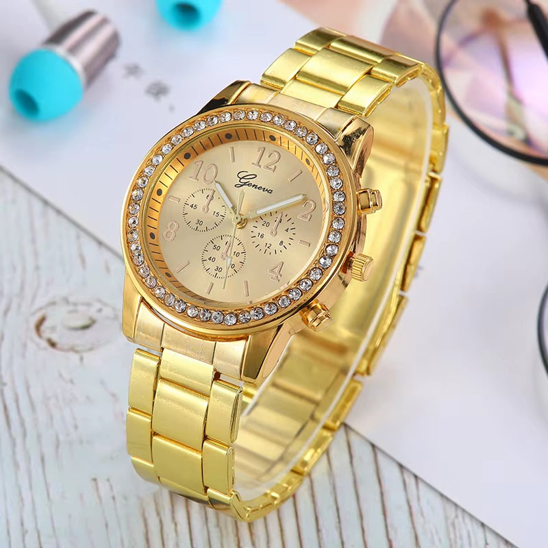 Fashion Geneva Style Rhinestone Stainless Steel Quartz Women Watch.