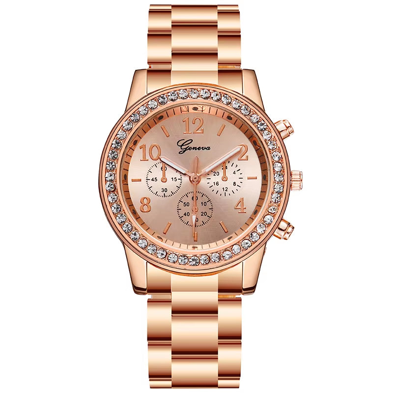 Fashion Geneva Style Rhinestone Stainless Steel Quartz Women Watch.