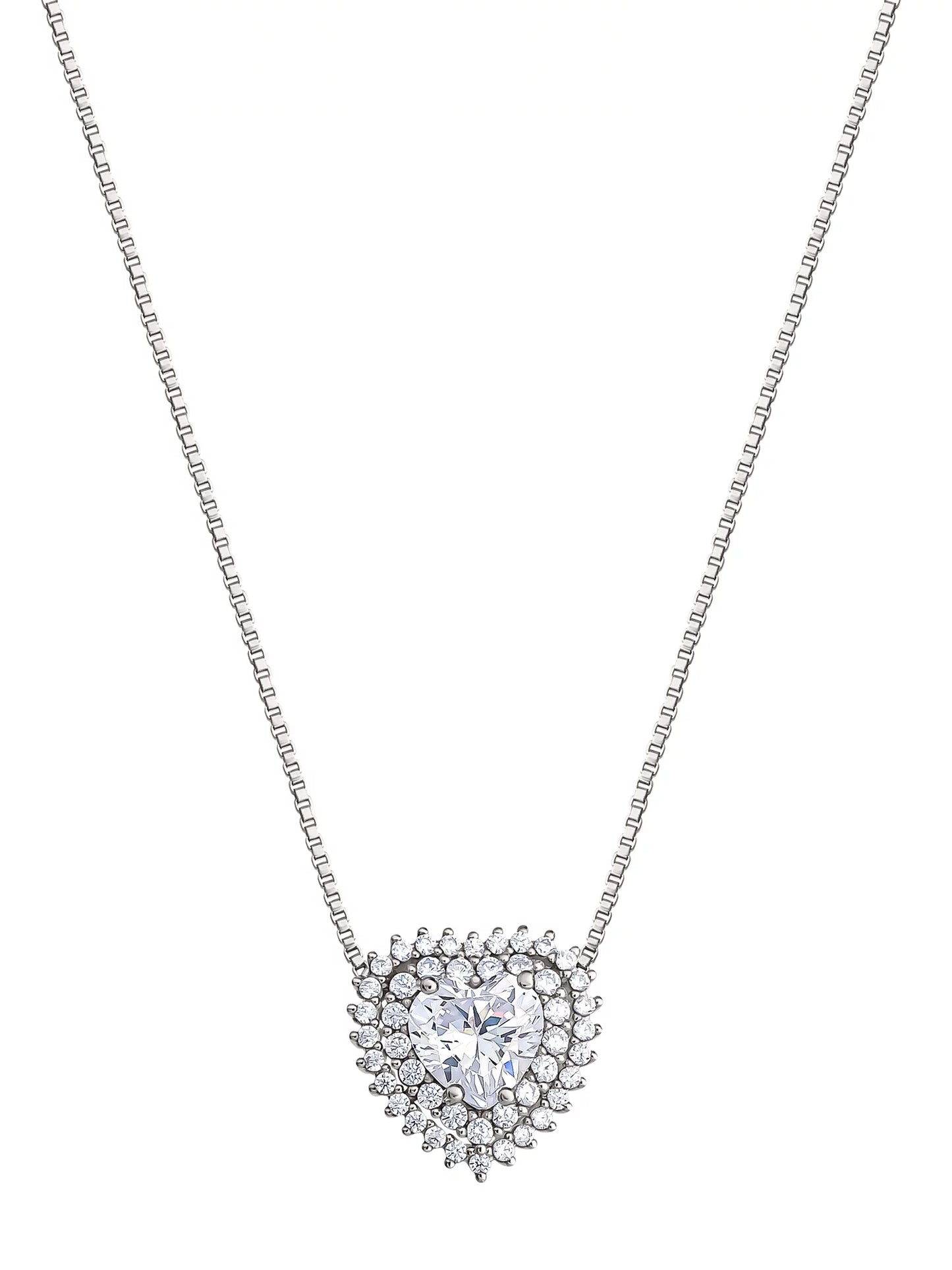 Women'S Fine Silver Plated Cubic Zirconia Heart Necklace, 18" +2".