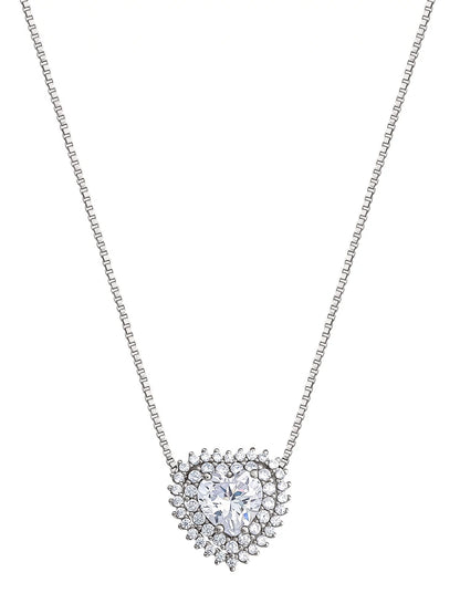 Women'S Fine Silver Plated Cubic Zirconia Heart Necklace, 18" +2".