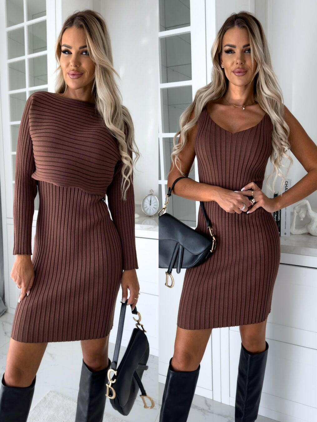 2Pcs Suit Women'S Solid Stripe Long-Sleeved Top and Tight Suspender Skirt Fashion Autumn Winter Slim Clothing.