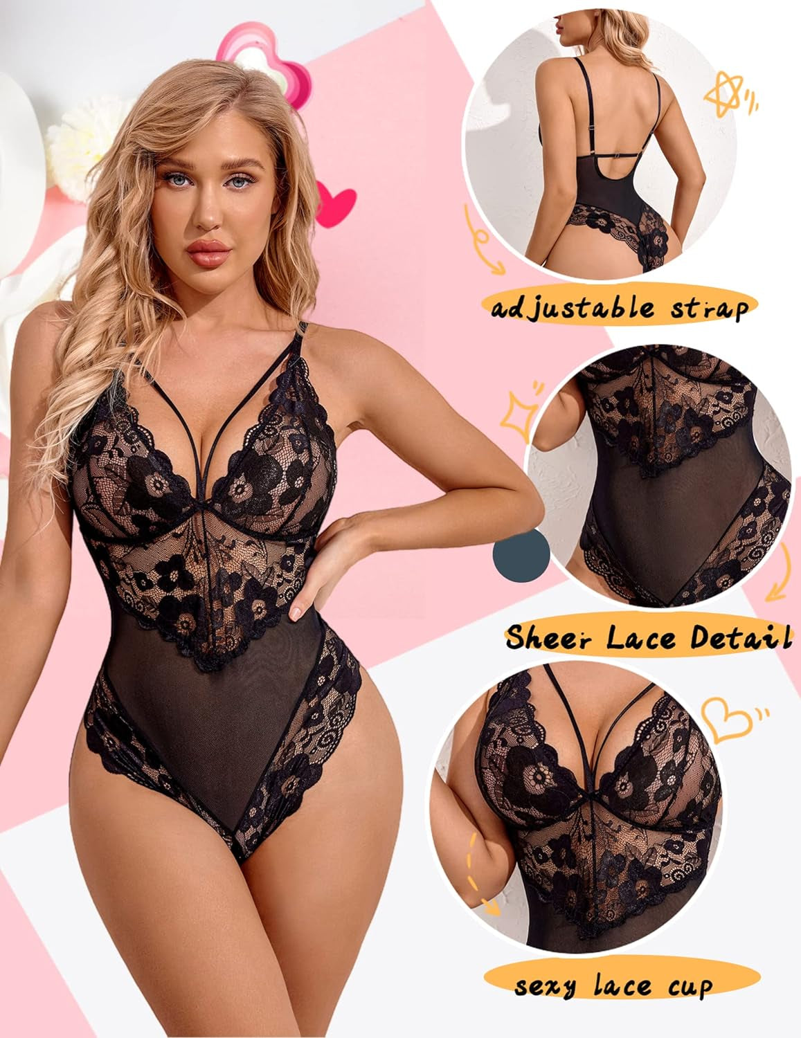 Womens Snap Crotch Lingerie Lace Teddy One Piece Babydoll Sexy Mini Bodysuit.