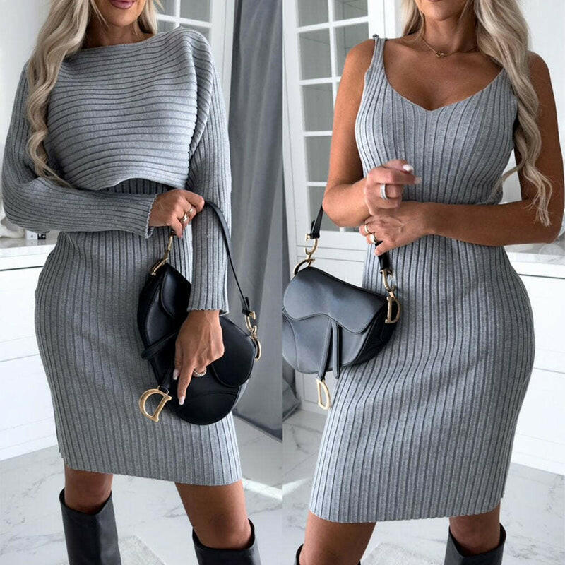 2Pcs Suit Women'S Solid Stripe Long-Sleeved Top and Tight Suspender Skirt Fashion Autumn Winter Slim Clothing.