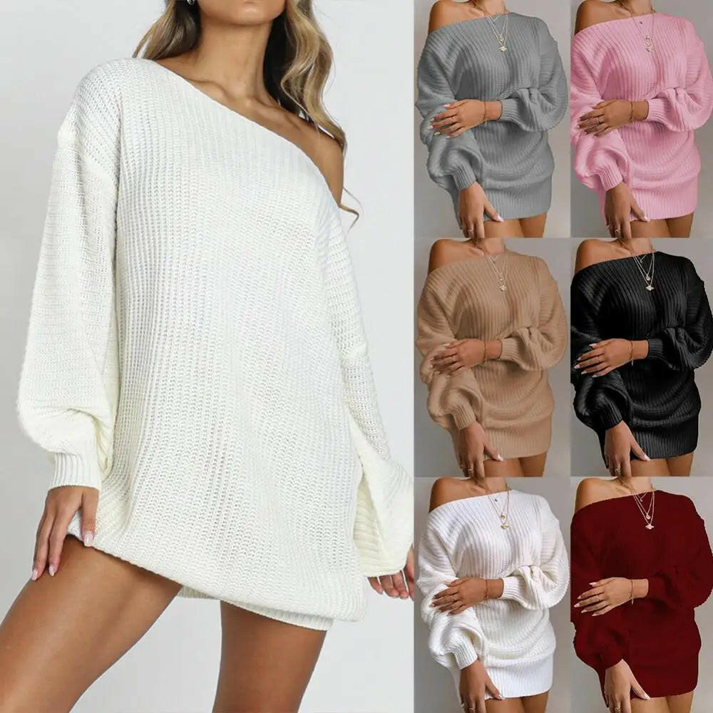 Womens Dresses Spring Fashion Cold Shoulder Lantern Sleeve Casual Plain Long Sleeve Daily Mini Knit Sweater Dress Woman Clothing.