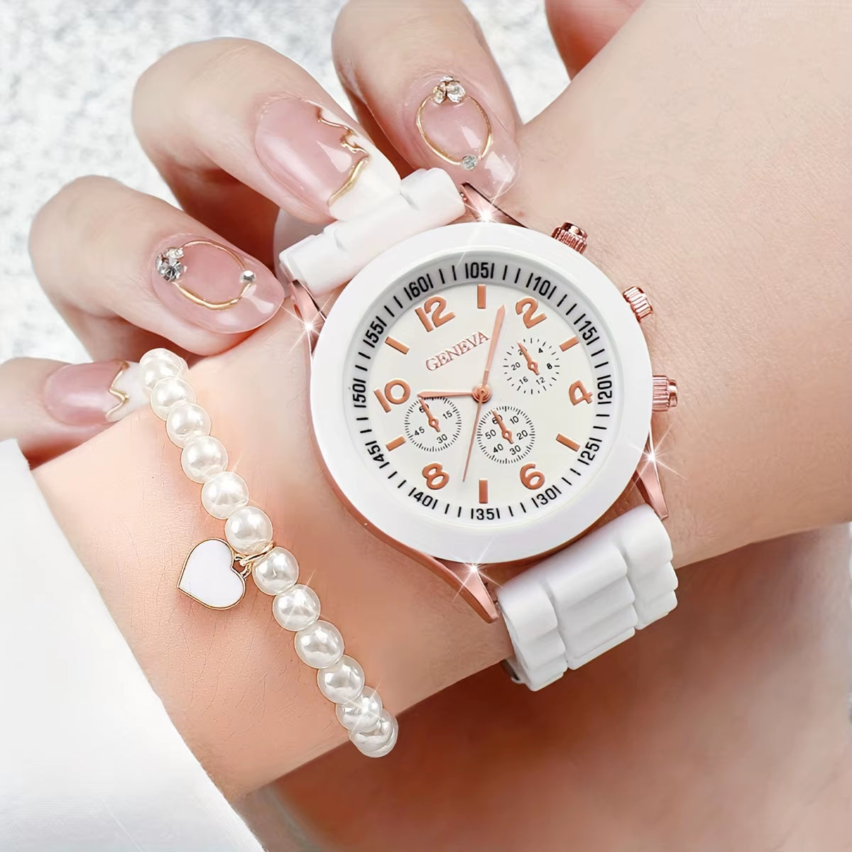 6Pcs/Set Women'S Watches Casual Silicone Band Analog Quartz Watch Heart Pearls Jewelry Set(Without Box).