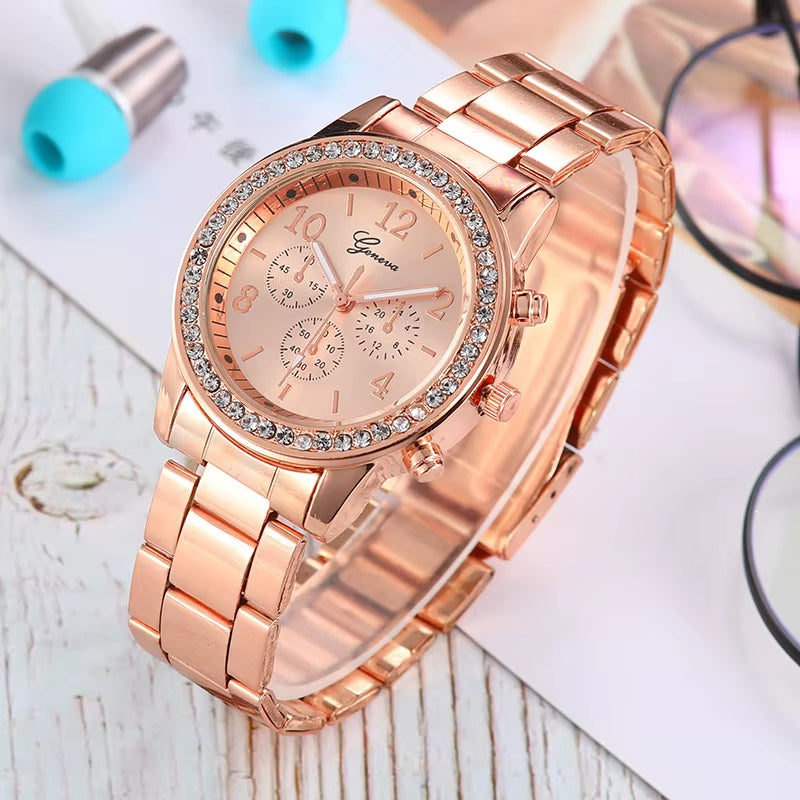 Fashion Geneva Style Rhinestone Stainless Steel Quartz Women Watch.