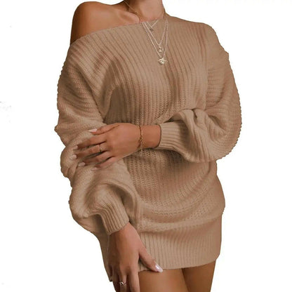 Womens Dresses Spring Fashion Cold Shoulder Lantern Sleeve Casual Plain Long Sleeve Daily Mini Knit Sweater Dress Woman Clothing.