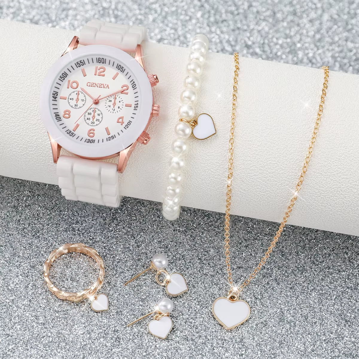 6Pcs/Set Women'S Watches Casual Silicone Band Analog Quartz Watch Heart Pearls Jewelry Set(Without Box).