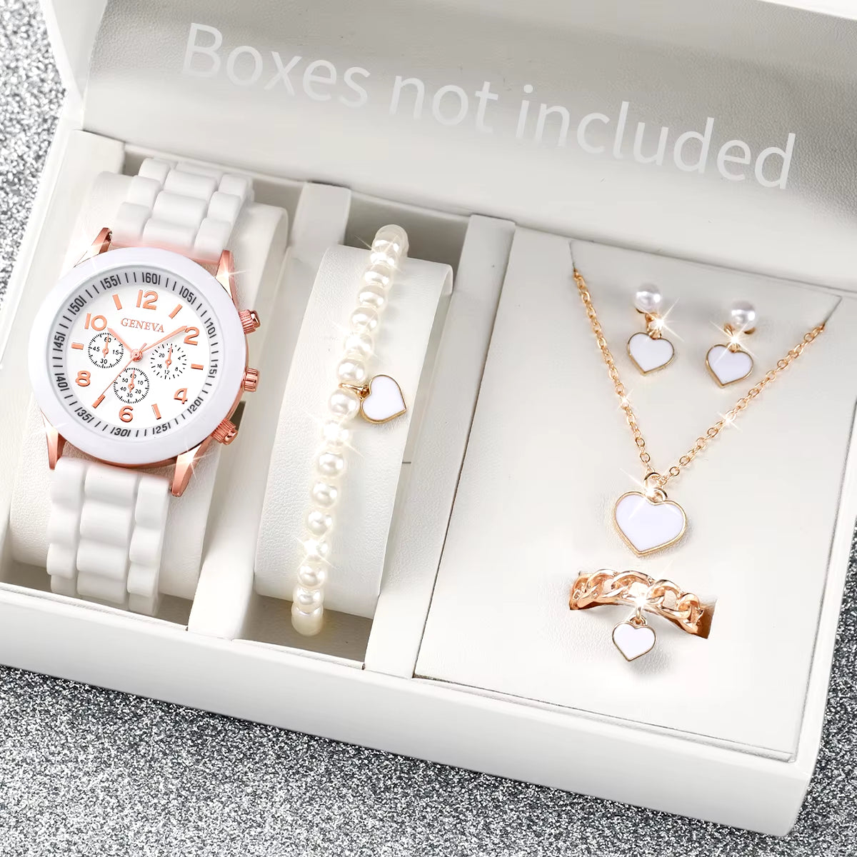 6Pcs/Set Women'S Watches Casual Silicone Band Analog Quartz Watch Heart Pearls Jewelry Set(Without Box).