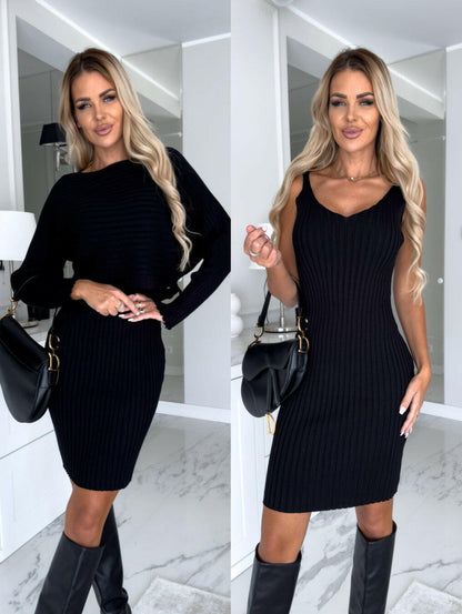 2Pcs Suit Women'S Solid Stripe Long-Sleeved Top and Tight Suspender Skirt Fashion Autumn Winter Slim Clothing.