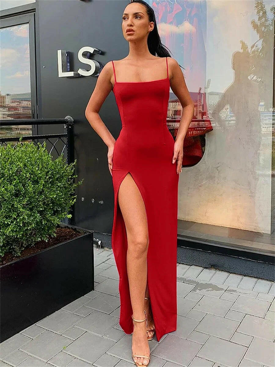 Women Summer Sexy Bodycon Dress Lady Sexy Spaghetti Strap Sleeve Split Solid Color Sheath Dress Vestidos.