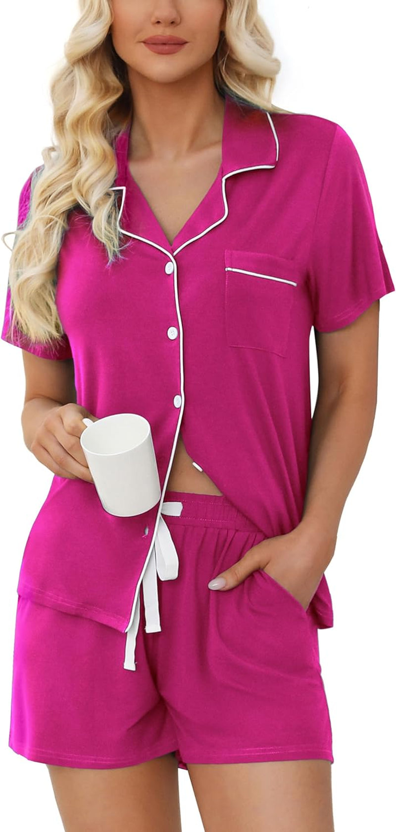 Womens Pajamas Set Short Sleeve Sleepwear Button down Nightwear Shorts Soft Pj Sets S-XXL.