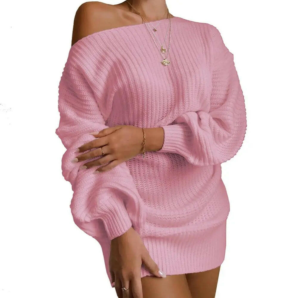 Womens Dresses Spring Fashion Cold Shoulder Lantern Sleeve Casual Plain Long Sleeve Daily Mini Knit Sweater Dress Woman Clothing.