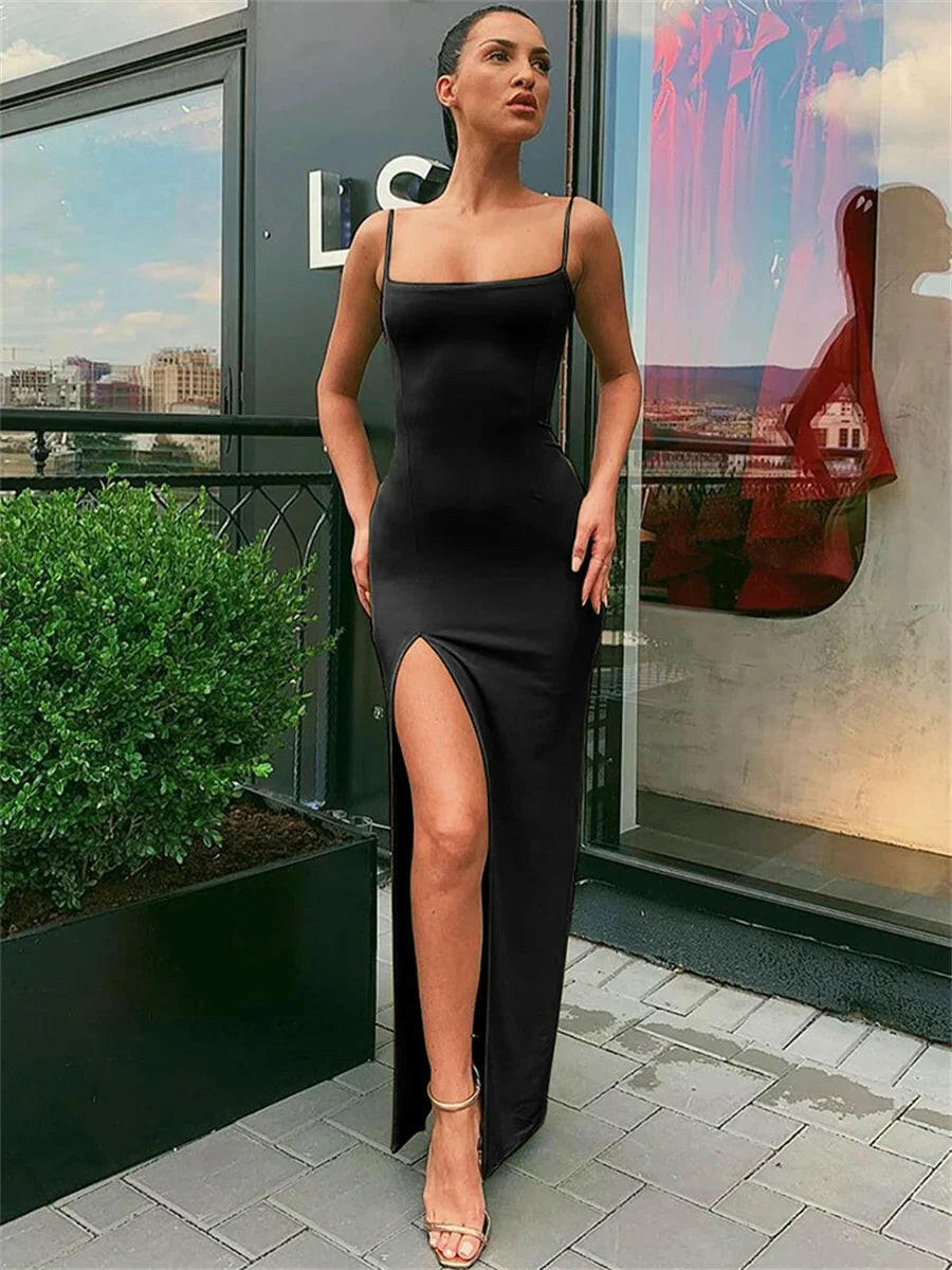 Women Summer Sexy Bodycon Dress Lady Sexy Spaghetti Strap Sleeve Split Solid Color Sheath Dress Vestidos.