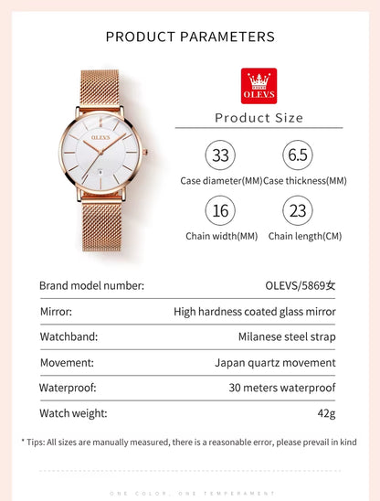 5869 Ultra Thin Women'S Quartz Watch High Quality Rose Gold Stainless Steel Waterproof Watch Top Luxury Brand Women Watch.