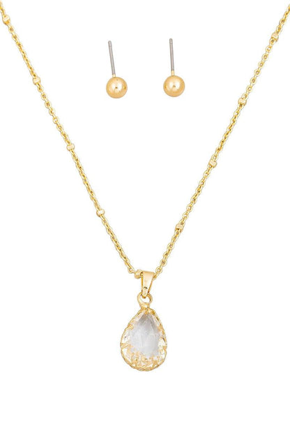 Crystal Teardrop Necklace & Small Ball Earring Set.